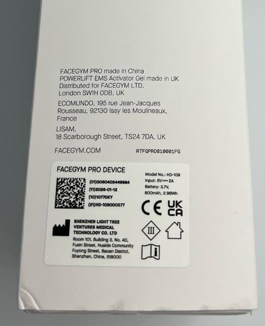 FaceGym Pro packaging label — Made in China
